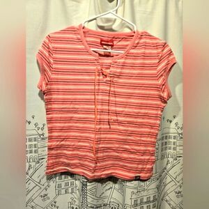 EUC Vintage Women's Junior's Unionbay Pink Stripe Lace Up Top Size Large Y2K
